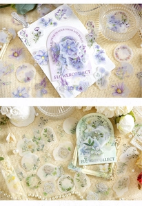 Detail of floral PET stickers showing translucent flower and leaf designs for journaling