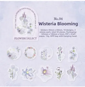 Detailed PET stickers featuring blue and purple wisteria floral patterns for journaling