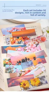Détail d'autocollants de paysages vintage sur de vieilles pages avec décor fleuri