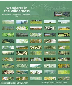 Vue à plat de 50 autocollants washi uniques avec paysages naturels et forêt