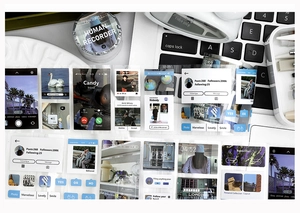 Détail d'autocollants créatifs d'interface réseau social sur un bureau minimaliste