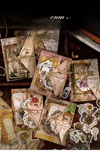 Detailed close-up of vintage Time Museum PET stickers for scrapbooking journals