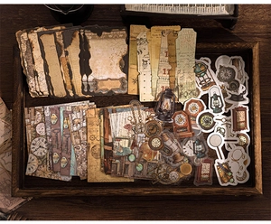 Close-up of vintage PET stickers featuring retro clocks, lamps, and old world maps