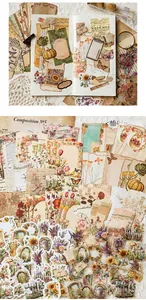 Detailed view of vintage PET stickers featuring botanical sunflower and rose designs