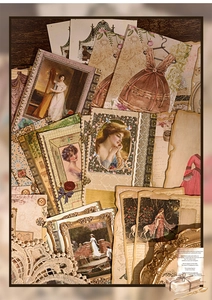 Macro view of Victorian style PET stickers with vintage portraits and lace textures