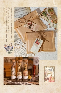 Detail view of vintage PET stickers with dried flowers and butterfly tags for journaling