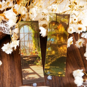 Marcapáginas de PET con ilustraciones vintage sobre mesa de madera y flores secas