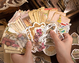 Detailed close-up of 100pcs vintage PET stickers showing classic oil painting designs