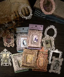 Detailed macro view of vintage baroque embossed border collage cards for journaling