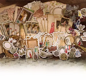 Close-up of 100-piece vintage French PET stickers featuring retro portraits and decor