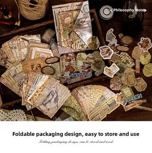 Close-up of vintage PET stickers and paper collection for journaling and DIY scrapbooking