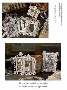 Detail of vintage laser-cut hollow frame stickers for scrapbook DIY crafts