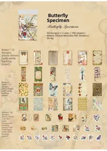Detailed sheet of vintage butterfly PET stickers and paper material for scrapbooking
