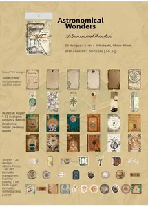 Detailed view of 100pcs vintage astronomy PET stickers and paper for journaling
