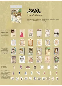 Detailed overview of 100pcs French vintage PET stickers and paper for scrapbooking art