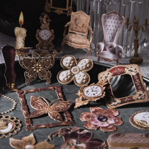 Vintage hollow scrapbooking paper with butterflies and baroque frames on metal tray