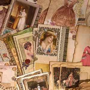 Vintage PET sticker pack featuring classical art portraits and floral scrapbooking materials