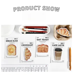Macro detail of bread and coffee shaped decorative stickers on a stationery desk setup