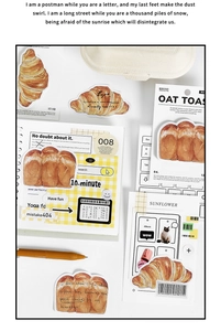 Artistic bread-themed sticky notes with croissants and slogans for scrapbooking