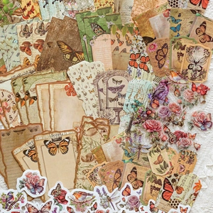 Vintage scrapbooking PET stickers set with butterflies and roses on white fabric