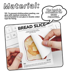 Detail of hand peeling toast-shaped sticky note from bread slice themed stationery set
