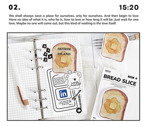 Macro view of watercolor toast shaped sticky notes and stickers for journaling