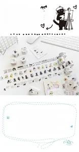 Macro view of Little Black Cat washi tape showing cat illustrations on a desktop scene