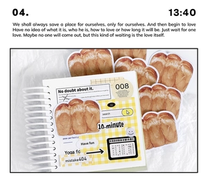 Macro view of bread-shaped sticky notes with realistic texture in a gridded notebook