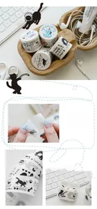 Detail of Little Black Cat washi tape showing application on earbuds and creative collage