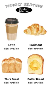 Detail view of watercolor bread and coffee sticky notes with various size dimensions