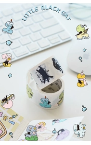 Close-up of Little Black Cat washi tape with hand-drawn cat illustrations and fun English phrases
