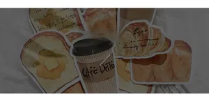 Detail of coffee and bread shaped sticky notes on artistic wrinkled paper background