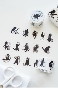 Close-up of Little Black Cat washi tape with cute musical and sleeping illustrations
