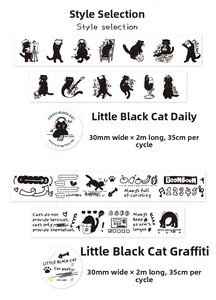 Detail view of black cat washi tape patterns with daily cat doodles and dimensions