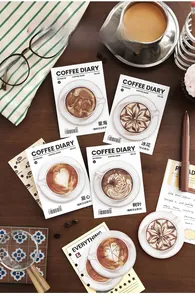 Macro shot of 30-piece vintage coffee latte art sticky notes on a dark wood desk setup