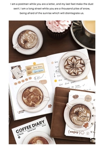 Detail of coffee latte art stickers for scrapbooking with 30 pieces and warm brown tones