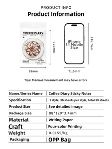 Detailed spec sheet for Coffee Diary sticky notes showing dimensions and material details