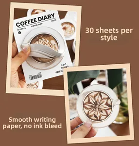 Detail of coffee diary sticky notes with artistic latte art design on writing paper