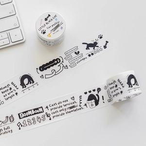 Minimalist black cat doodle washi tape with cute hand-drawn illustrations and English phrases