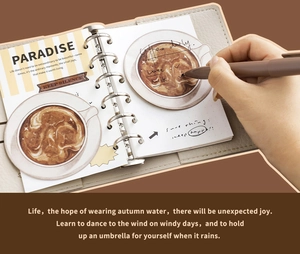 Detail of coffee-themed refillable binder with vintage stickers and hand-written notes