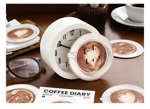 Macro shot of 30 retro coffee-themed round sticky notes and decorative scrapbooking stickers