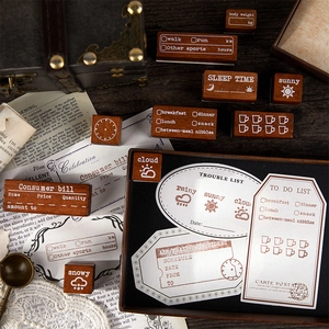 Set de tampons en bois vintage avec motifs de planification quotidienne et suivi de vie