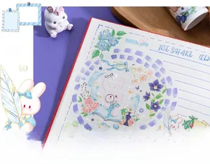 Dettaglio di nastro washi con rose blu e conigli su un quaderno a quadretti