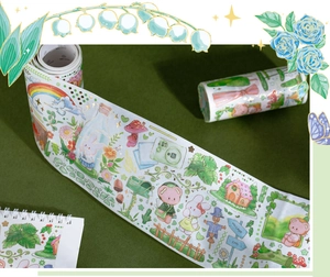 Dettaglio di nastro washi creativo con illustrazioni di orsi e conigli e lamina d'oro a caldo