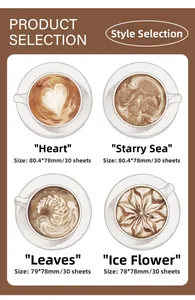 Detail view of coffee latte art sticky notes in four patterns with size specifications