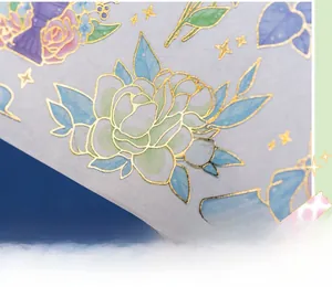 Dettaglio del nastro washi floreale blu con doratura premium e goffratura 3D