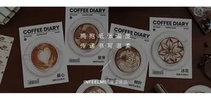 Close-up of Coffee Diary decorative cards with various latte art designs for journaling