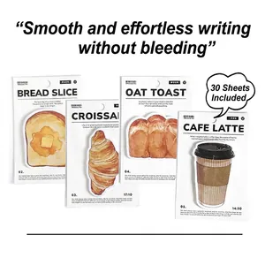 30 sheets of realistic food shaped sticky notes featuring coffee and bread designs