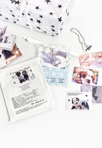 Vue à plat d'un set d'autocollants chiots mignons avec cartes photo et papeterie blanche