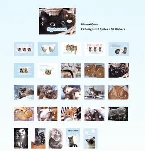 Détail de 50 feuilles d'autocollants chats mignons avec 25 motifs de taille 40x60 mm